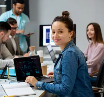 Team members collaborating in a modern office