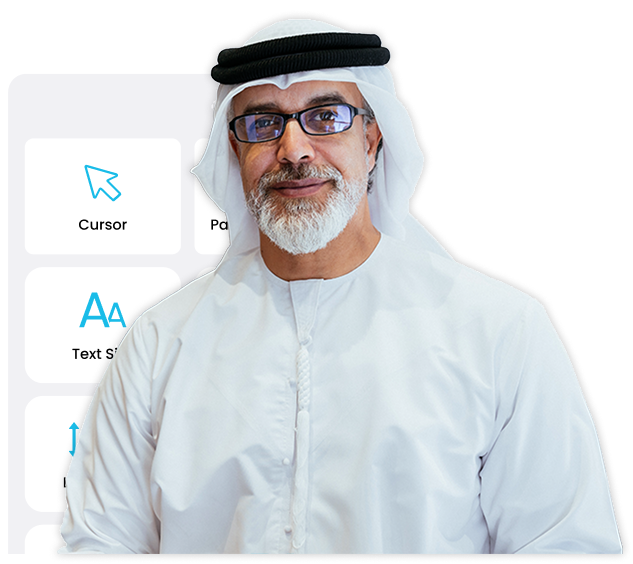 Emirati man in traditional dress with website accessibility controls in the background